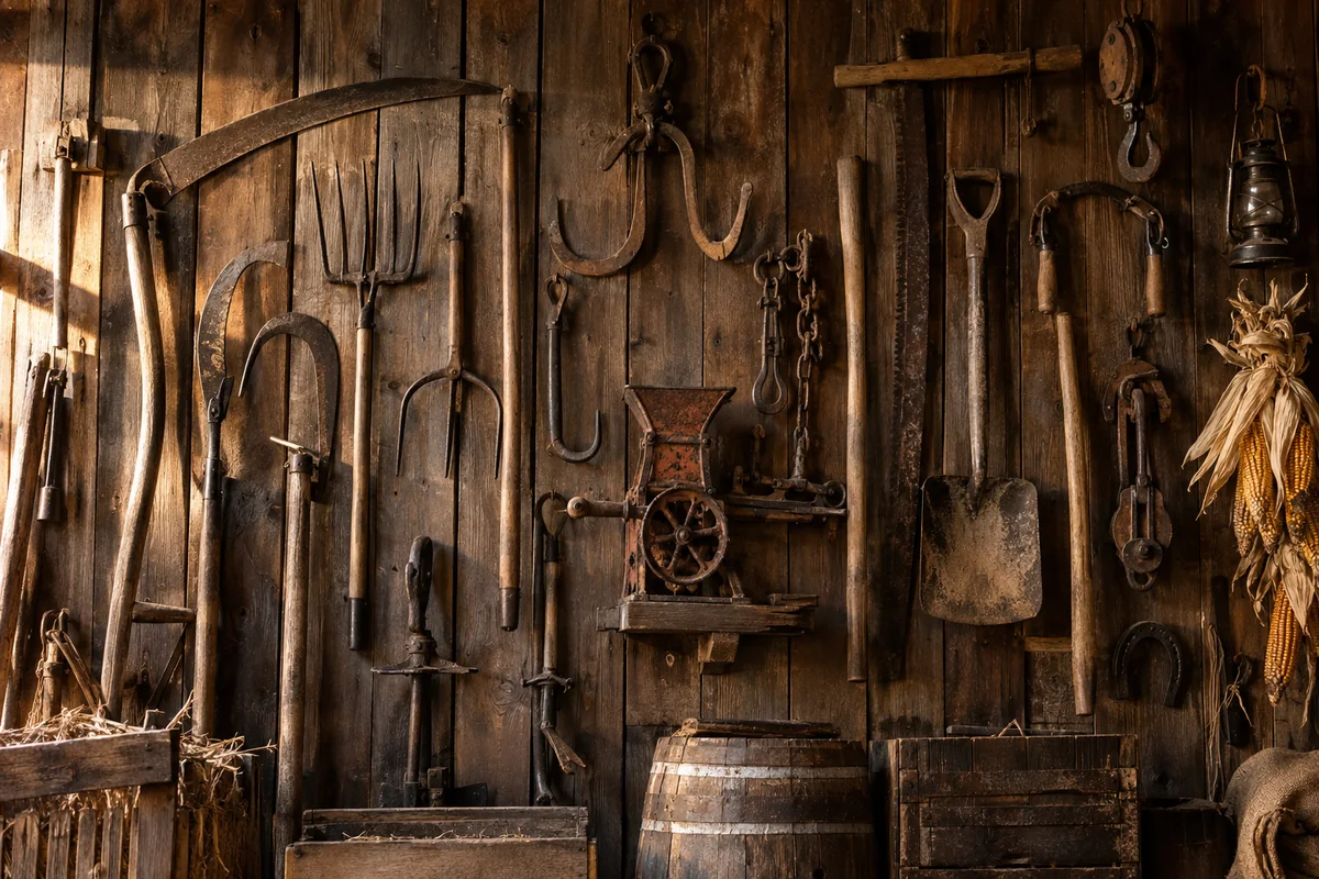 antique farm hand tools collector reference scene